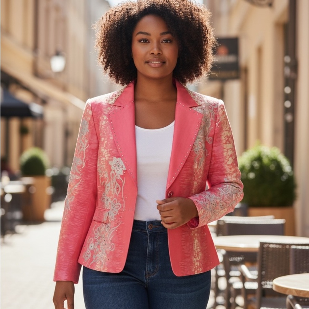 Max Nugus Pink Hand Painted Rhinestones Floral Women's Blazer missing button